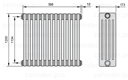 Схема (чертеж) Радиатор Zehnder Charleston 5120/13 №1270 Белый глянцевый RAL 9016